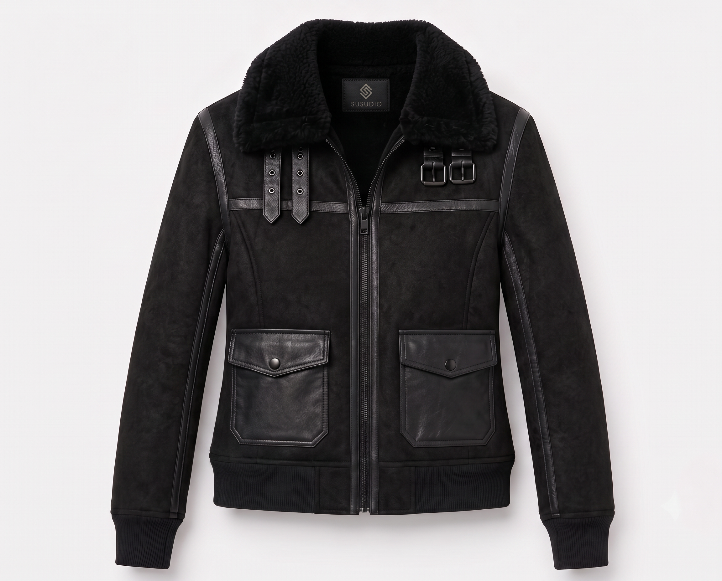 SSD-990 Black Shearling Utility Jacket — front packshot with SUSUDIO neck label