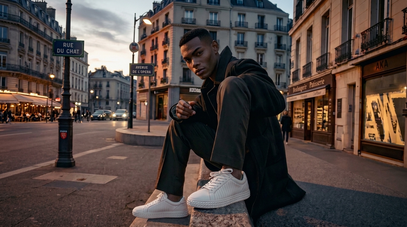 Susudio sneaker met diamond zool gedragen door model in Parijs