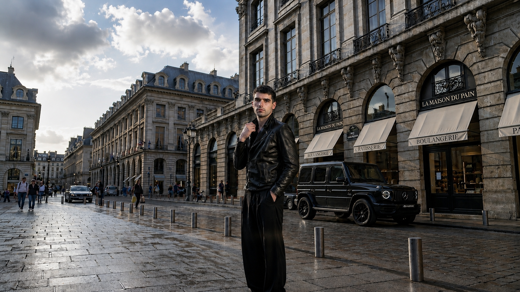 Model wearing a black Susudio leather biker jacket on Rue Saint-Honoré in Paris