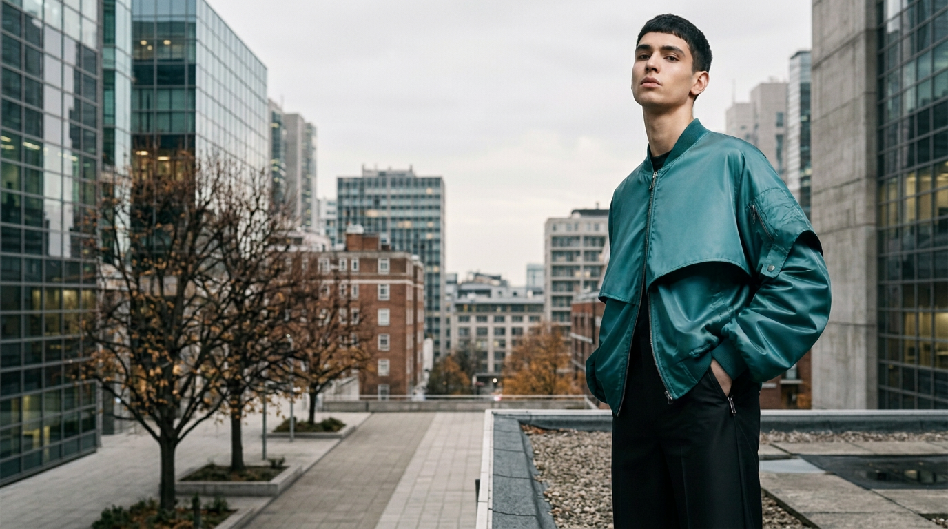 Model wearing the Susudio teal satin bomber jacket from the FW 26/27 collection on a city rooftop terrace in autumn