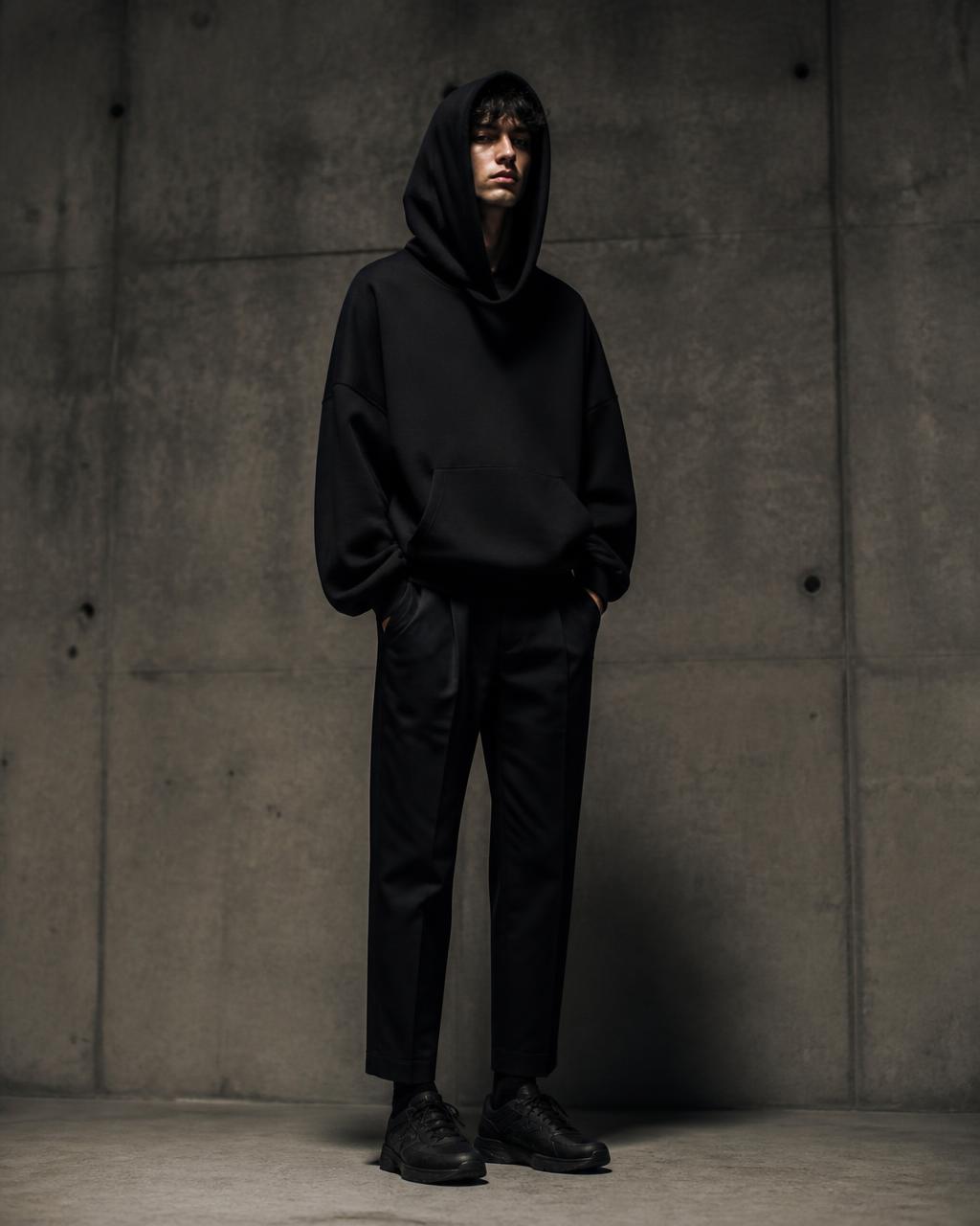 Model wearing the Susudio Double Hood Hoodie from the FW 26/27 collection