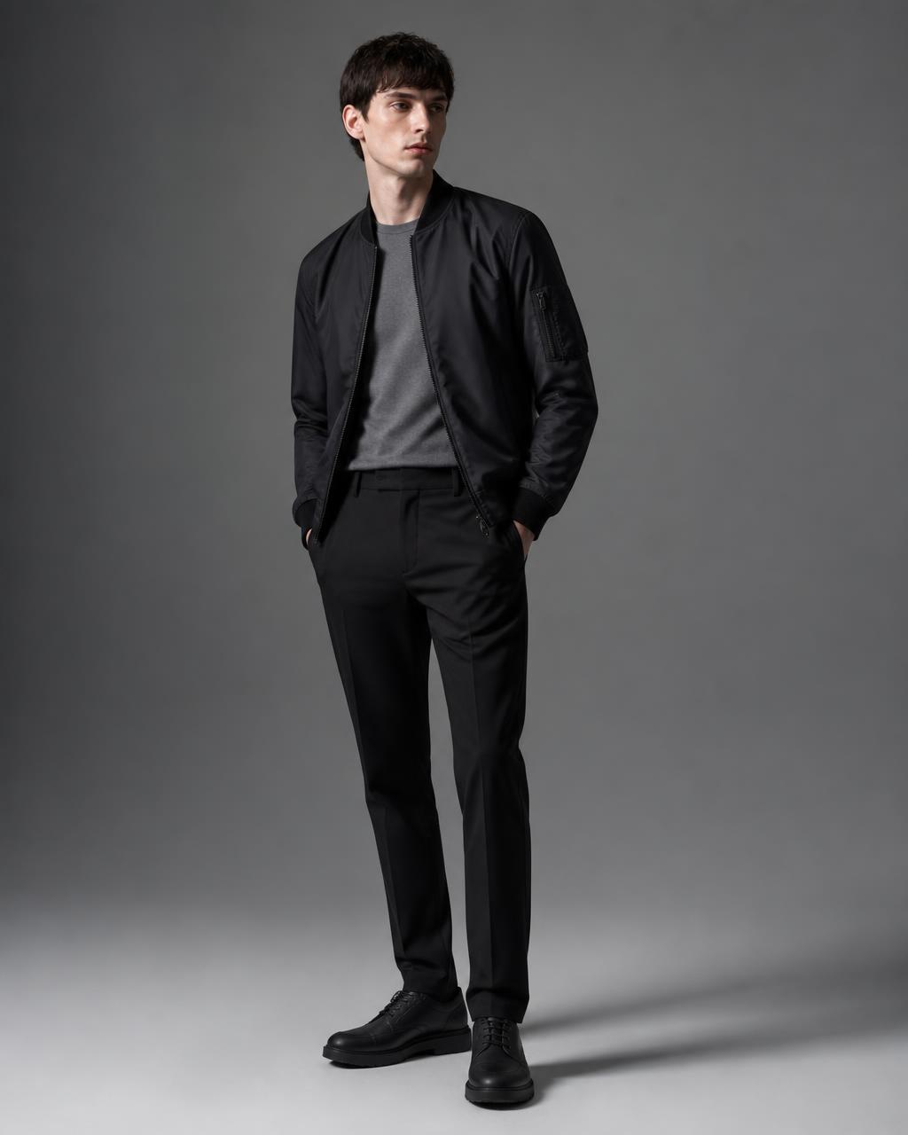 Model wearing the Susudio Tech Bomber from the FW 26/27 collection